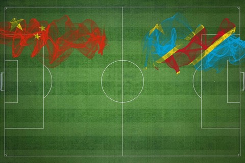 China vs DR Congo Soccer Match, national colors, national flags, soccer field, football game,