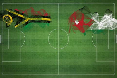Vanuatu vs Jordan Soccer Match, national colors, national flags, soccer field, football game,
