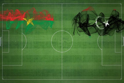 Burkina Faso vs Libya Soccer Match, national colors, national flags, soccer field, football game,