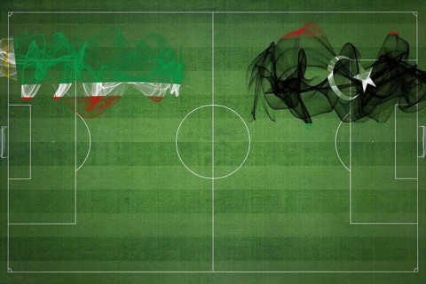 Chechnya vs Libya Soccer Match, national colors, national flags, soccer field, football game,