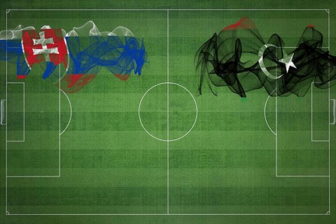 Slovakia vs Libya Soccer Match, national colors, national flags, soccer field, football game,