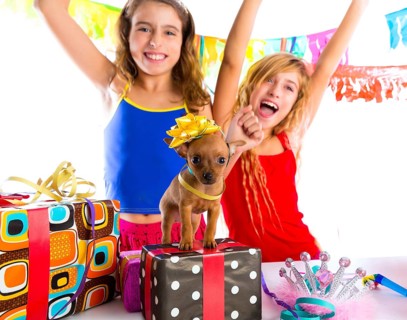 Girl friends party dancing with presents and puppy chihuahua dog in birthday