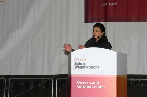Politician Sahra Wagenknecht speaking at a rally during the 2025 election campaign. Munich,
