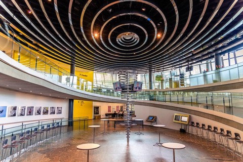 London, UK, May 14, 2019: Interior view of City Hall of London designed by Norman Foster. Low angle