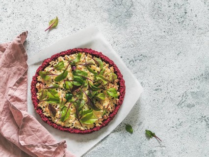 Beetroot pizza crust with fresh swiss chard or mangold beetroot leaves.Ideas and recipes for