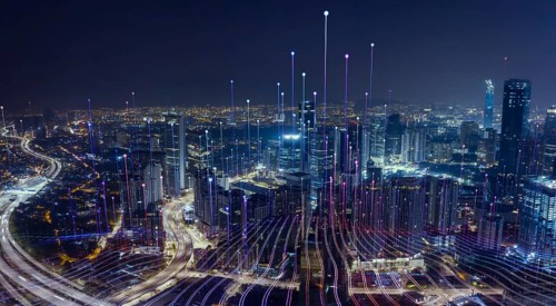 Smart city with particle glowing light connection design, big data connection technology concept