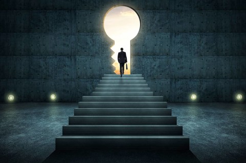 Sucess businessman climbing on stair against conrete wall with key hole door, sunrise scene city
