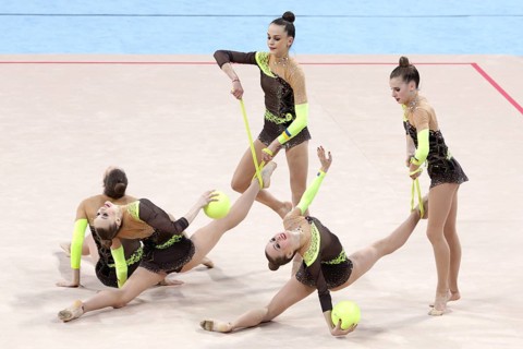 Sofia, Bulgaria - 7 May, 2017: Team Ukraine performs during Rhythmic Gymnastics World Cup Sofia