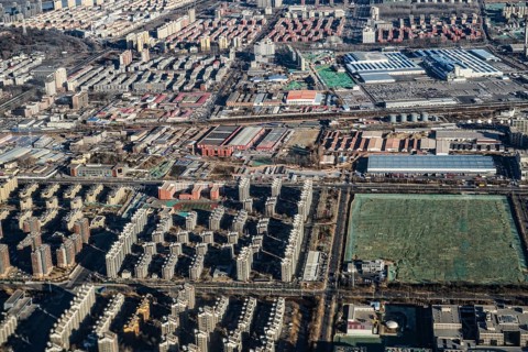 Beijing, China skyline as seen from an airplane. Shooting Location: China, Beijing