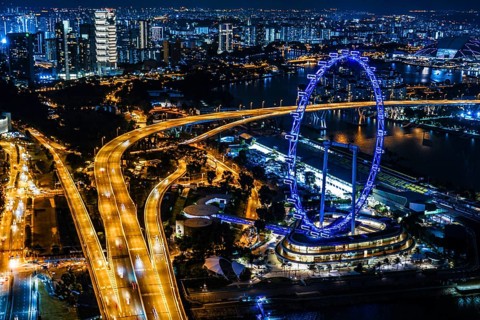 Marina Bay Sands night view from the observatory Singapore. Shooting Location: Singapore