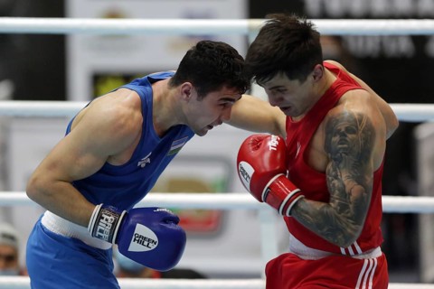 Sofia, Bulgaria - 26 February, 2021: Kots Maxim (red) of Ukraine and Dilshodbek Ruzmetov of