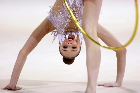 Sofia, Bulgaria - 27 March, 2021: Anastasiia Salos of Belarus performs during the individual Hoop