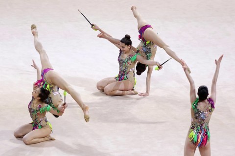 Sofia, Bulgaria - 27 March, 2021: Team Turkey perform during the 3 Hoops + 2 pairs of Clubs group
