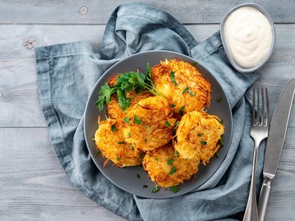 Close up view of potato pancakes. Potatoes pancakes latkes, flapjacks, hash brown or potato vada on
