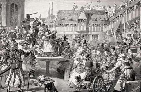 Performance of a carnival parody by Hans Sachs, Heilsbronner Hof, Nuremberg, Germany, Europe, 16th