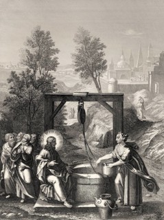 Jesus talks with a Samaritan woman, New Testament, Steel engraving 1853, digitally restored