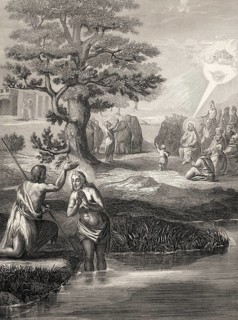 Baptism of Jesus by John the Baptist at the Jordan river, Steel engraving 1853, digitally restored