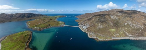 Causeway, causeway to Vatersay, drone shot, Caolas, Isle of Barra, Hebrides, Scotland, Great