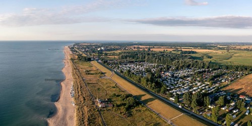 Dahme, Germany, July 31, 2021: Aerial drone view of Dahme Beach in Schleswig-Holstein, Europe
