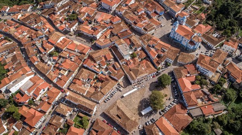 Close-up aerial view in sunshine of the historic center of Diamantina, Minas Gerais, Brazil, South