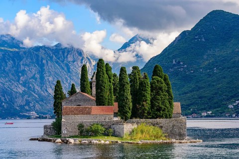 Island of Saint George, an islet off the coast of Perast in the Bay of Kotor, Montenegro, Europe