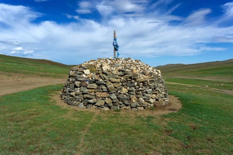 Sacred stone heap, Ovoo, oboo, or obo, used as altar or shrine in Mongolia