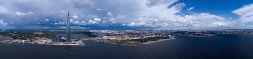 Aerial panorama of St. Petersburg, the skyscraper Lakhta Center and the new stadium, Russia, Europe