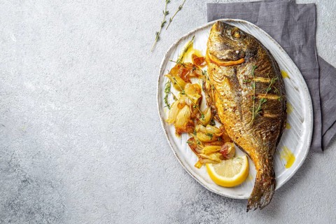 Food, Grilled sea bream or dorada on gray plate. Gray background