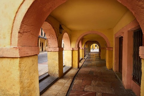 Oviedo arcades facades in Asturias of Spain
