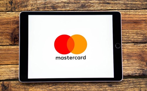 Smart phone with the Mastercard logo that is a brand of credit and debit cards