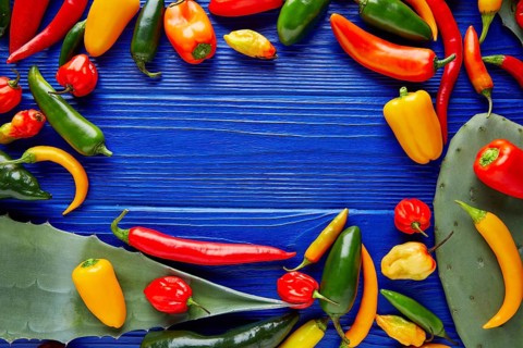 Mexican hot chili peppers colorful mix habanero poblano serrano jalapeno blue background