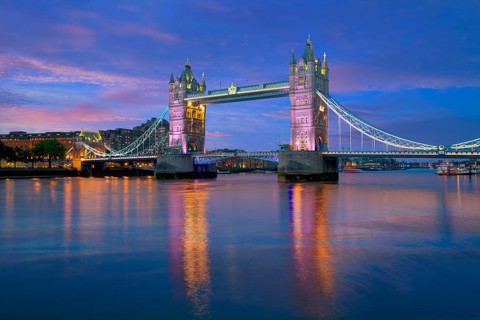 London Tower Bridge sunset on Thames river in England