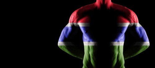 Gambia flag on muscled male torso with abs, black background