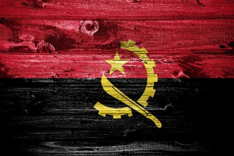 Angola flag on wooden planks background wood flag