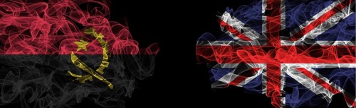 Flags of Angola and United Kingdom on Black background, Angola vs United Kingdom Smoke Flags