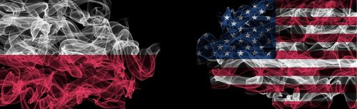 Flags of Poland and USA on Black background, Poland vs USA Smoke Flags
