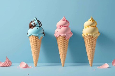 Illustration 3d render of melting summer ice cream in a cone on a pastel background, multicolored