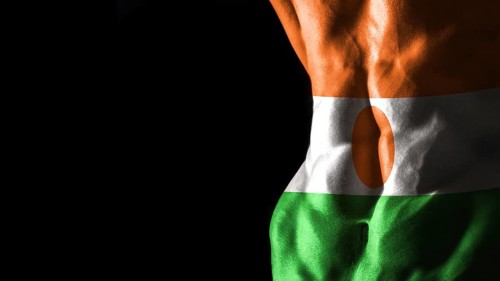 Niger flag on abs muscles national sport workout, bodybuilding concept, black background
