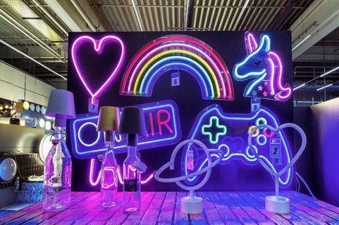 Lights and neon figures in DIY store, Allgäu, Bavaria, Germany, Europe