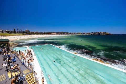 SYDNEY, AUSTRALIA, DECEMBER 05 2023: View towards Bondi Beach from Icebergs Dining Room and Bar on