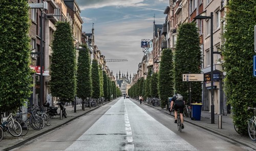 Leuven, Flanders, Belgium, 06 16 2019 Man on a bike driving down the Bondgenotenlaan at the