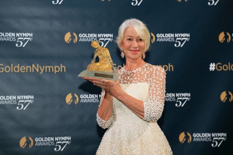 Dame Helen Mirren with her Crystal Nymph award for her lifetime achievement, Nymphes d'Or award