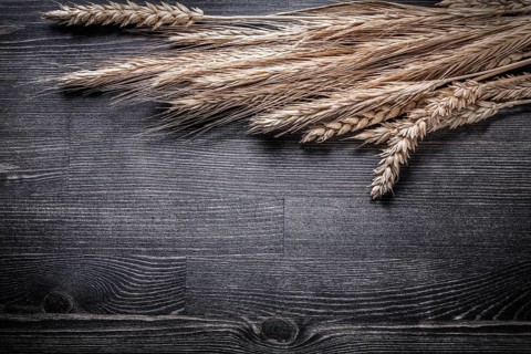 Wheat and rye ears on wooden board top view image