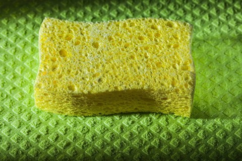 New yellow sponge on green washcloth