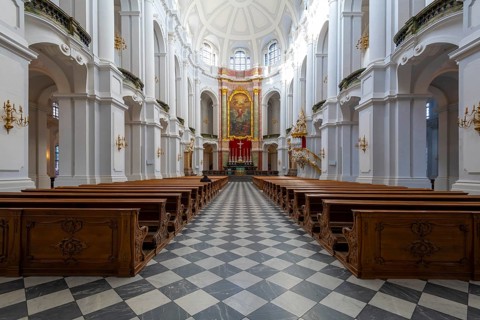 Interior view of St Trinitatis Cathedral, altar, nave, Dresden, Free State of Saxony, Germany,
