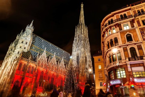 Christmas tree, St Stephen's Cathedral illuminated for Christmas, night shot, Vienna, Austria,