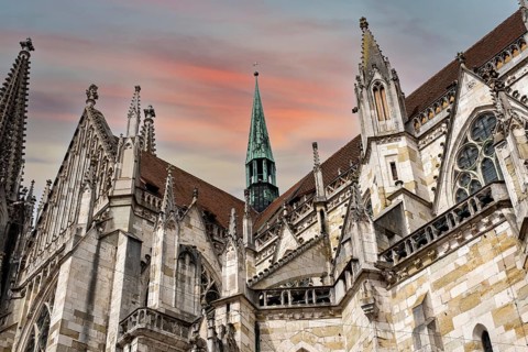 Facade of the gothic cathedral in Regensburg in Bavaria, Germany, Europe