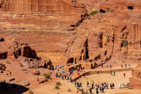 Petra, Jordan, November 3, 2022: Nabatean amphitheatre in the ancient city, aerial high angle view,