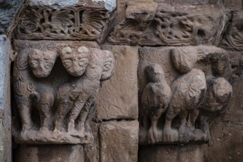 Collegiate church of San Pedro de Cervatos, decoration of the tympanum and lintel, Romanesque,