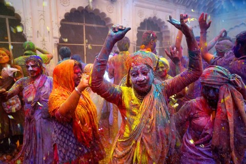 Widows celebrating Holi festival Gopinath temple, Uttar Pradesh, India, Asia